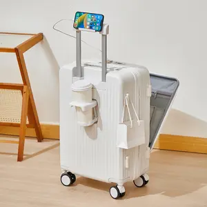 Carry On Luggage with Cup Phone Holder & Charger Hard Shell Suitcases with Spinner Wheels 20 Inch Travel Essential