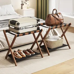 2-Pack Fully Assembled Walnut-Bamboo Luggage Racks (26.77in) - Foldable Suitcase Stand Organiser with 5 Nylon Straps, Storage Shelf, 165Lbs Capacity for Airbnb Units, Frequent Travelers