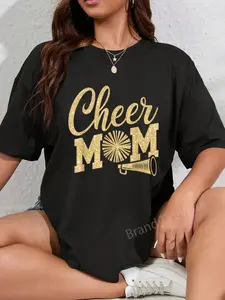 100% Cotton Unisex Cheer Mom Biggest Fan Cheerleader Black Yellow Gold Pom Pom T-Shirt Vingate Printed Casual Round Neck T shirt
