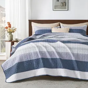 Queen Bedding Set Mineral Blue, 3 Pieces Patchwork Summer Striped Soft Lightweight Bedspreads, Coverlets Set with 2 Pillow Shams for All (90"x96")