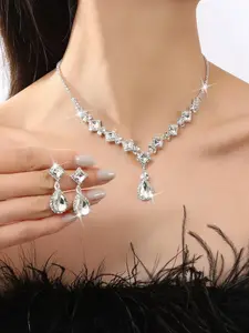 Water Drop Rhinestone Decor Necklace & Dangle Earrings, Exquisite Trendy Jewelry Set, Fashionable Jewelry Set for Party Decoration