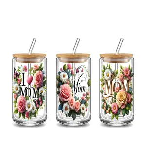 Floral Pattern Glass Cup, 16oz Glass Drinking Cup with Bamboo Lid & Straw, Reusable Glass Cup, Drinkware for Home Office Use, Bottles