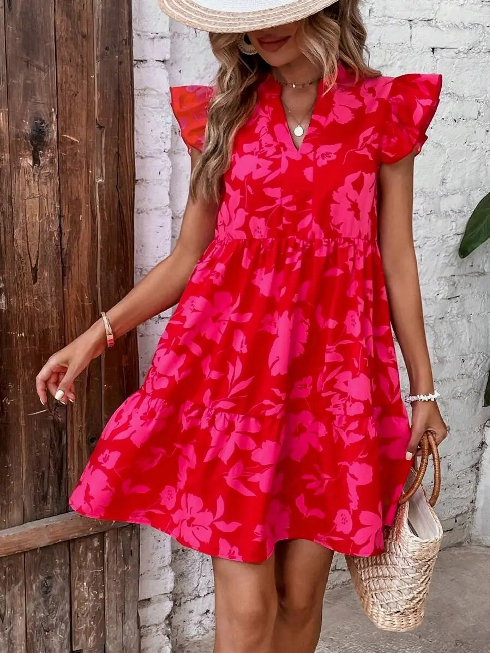 Floral Print Notched Neck Ruffle Smock Dress - Short Sleeve Casual