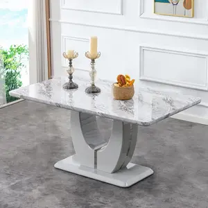 MUUOKY Modern Rectangular Dining Table – Grey Imitation Marble Grain, Suitable for Dining Room, Office, Kitchen dining table set 4 Bistro Mdf Material Stainless Steel Decorative Strips Game Desk Easy To Clean Sturdy