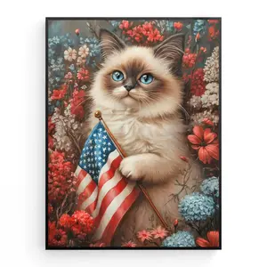 Diamond Painting Kit Cute Ragdoll Cat With American Flag, Floral Animal Diamond Art, DIY 5D Full Round Drill Diamond Painting For Home Wall Decor