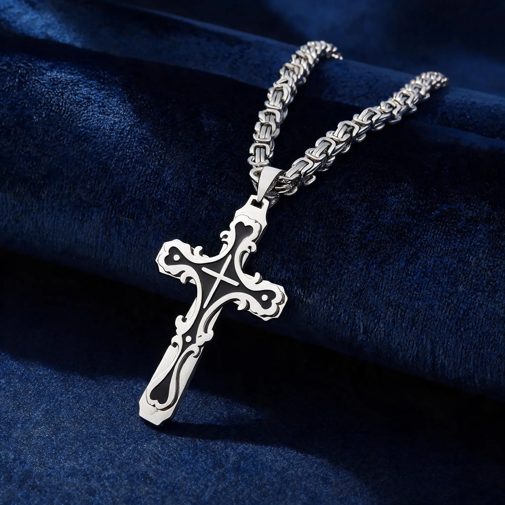 Men’s Stainless Steel Silver-Plated Cross Necklace - Durable Chain for Daily Streetwear, Party Outfits - Cool Costume Jewelry Gift for Him (Christmas, Birthday)