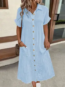 Cotton Shirt Dress, Button Down, Rolled Short Sleeve, Side Pockets, Women Casual Summer Outfits