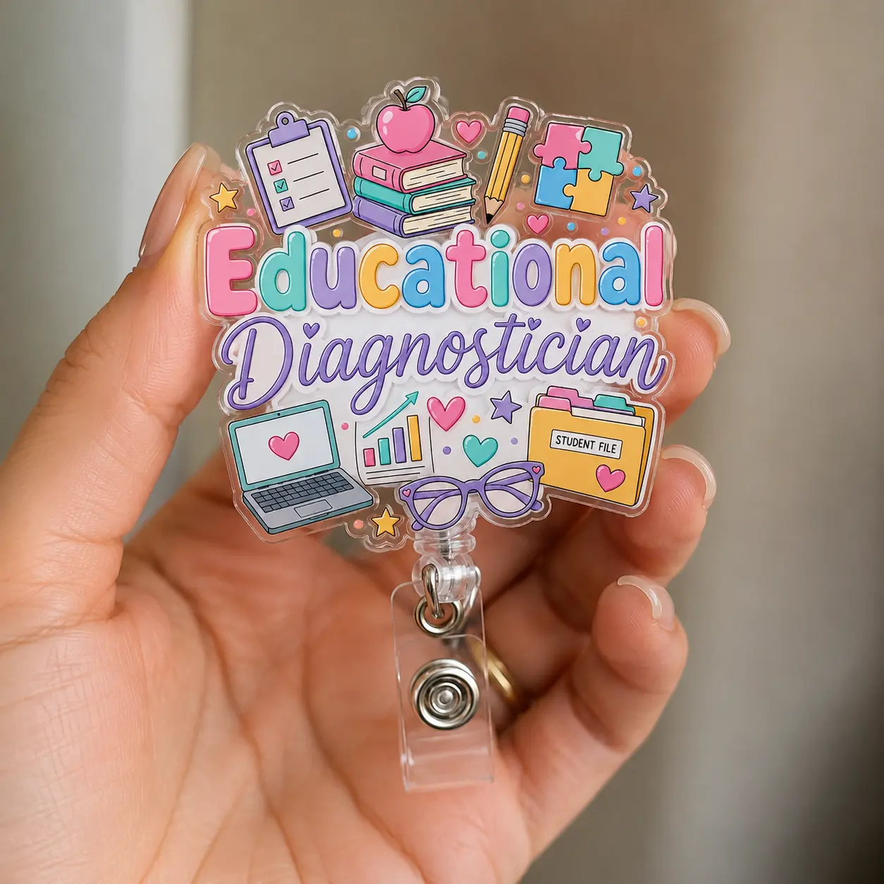 Badge Reel for Educational Diagnosticians, Cute Pastel Acrylic Diagnostician ID Holder, Retractable Clip School Testing Team Appreciation Gift