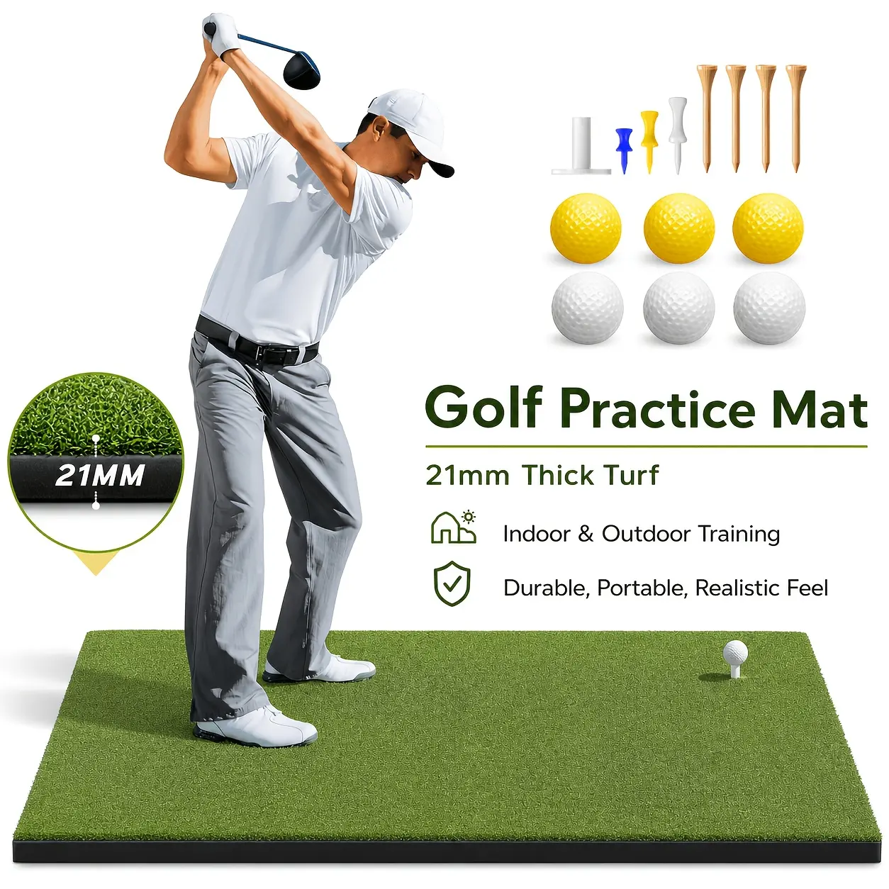 Golf Hitting Mat, Thick 3-Layer Synthetic Turf with 6 Tee Positions, Durable Non-Slip Rubber Base, Indoor/Outdoor Sports Practice Mat