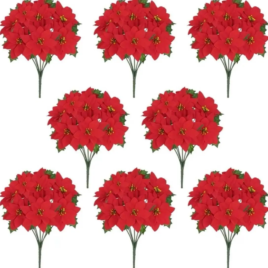 S.W.us 4-Pack (4 Bouquets) 5.9-Inch 2025 Upgraded Realistic Look Red Velvet Artificial Poinsettias, Decorative Flowers & Plants for Holiday Decor, Doorways/Mantels Decoration