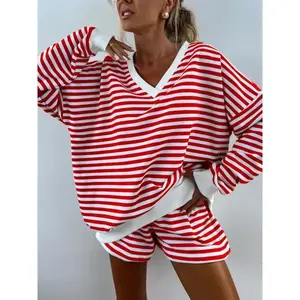Two-piece Set Women's Striped Print Drop Shoulder Sweatshirt & Elastic Waist Shorts Loungewear, Casual Comfy V Neck Long Sleeve Top & Shorts Pj Set, Ladies Sleepwear for Spring & Fall, Sleepwear for Women, Pajama Chic Set, Sleep Sets