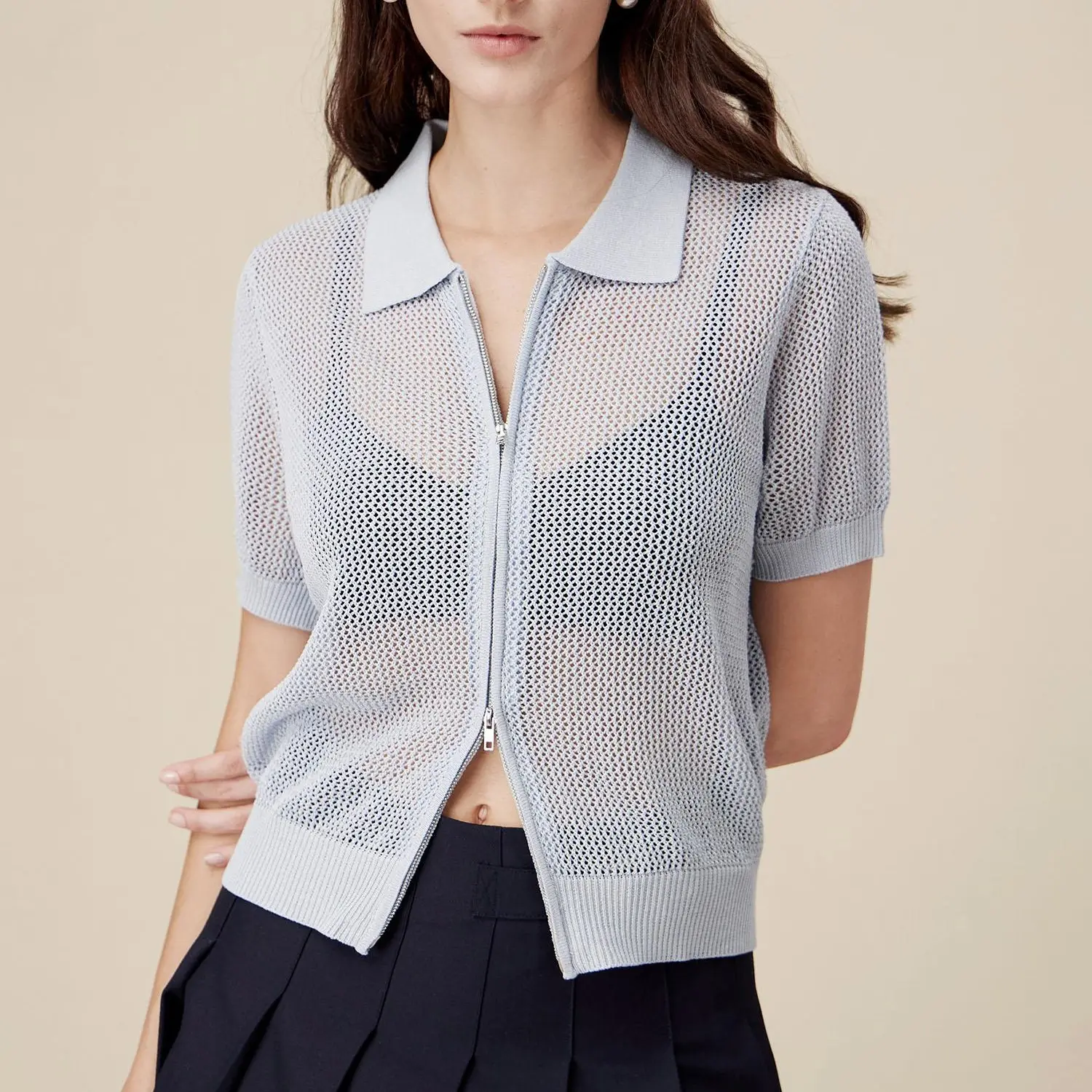 Florboom Women's Short Sleeve Open Knit Polo Sweater | Two-Way Zip Linen Blend Crochet Mesh Cardigan Preppy Chic Top