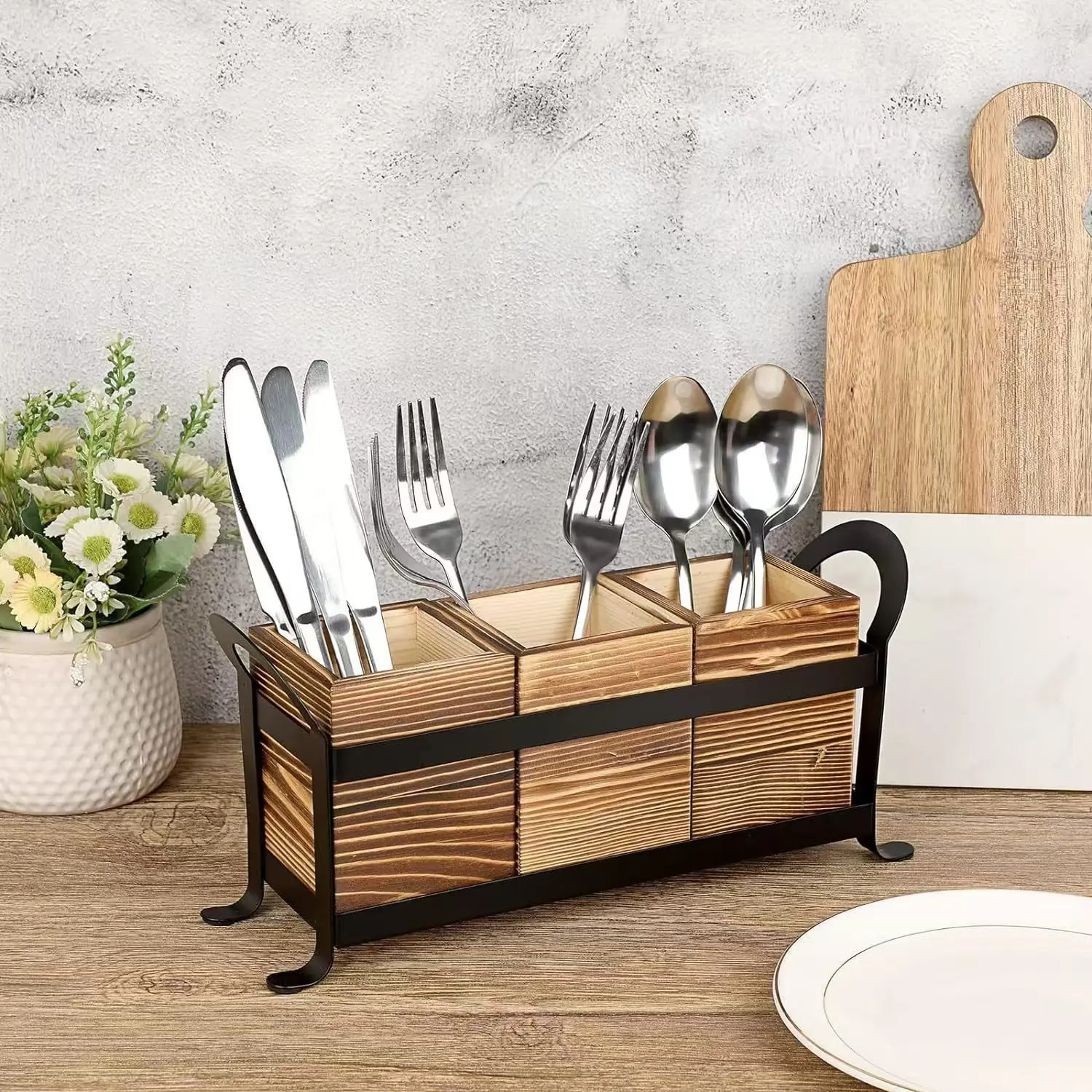 Solid Wood Combination Storage Rack - Desktop Accessories, Organizing Makeup Brushes, Solid Wood Kitchen Countertop Knife, Fork & Chopstick Organizer
