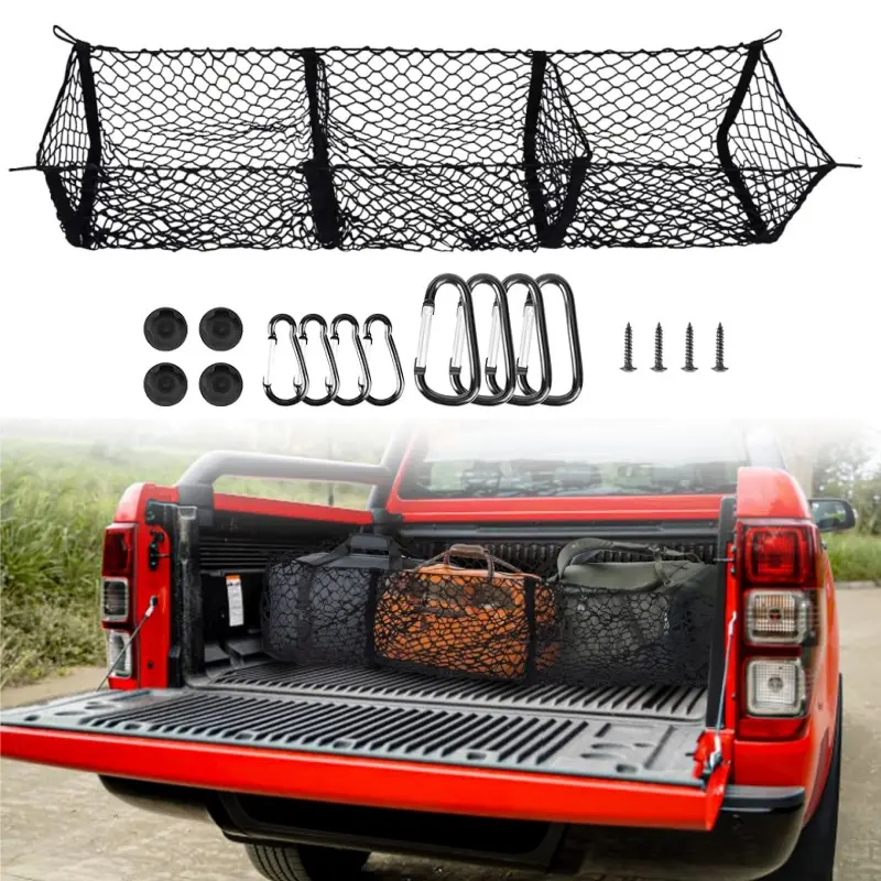 Cargo Net Trunk Bed Organizer for Pickup Truck, 59" Longer Mesh Storage Net Grocery Holder Heavy Duty Automotive Cargo Net with 3 Detachable Pocket