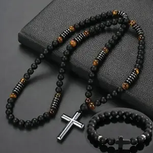 Veliora Gift S 2pcs Energy Cross Necklace Set – Tiger Eye & Natural Stone Beads, Protection & Positive Energy, Unisex Boho Necklace, Daily Wear Gift