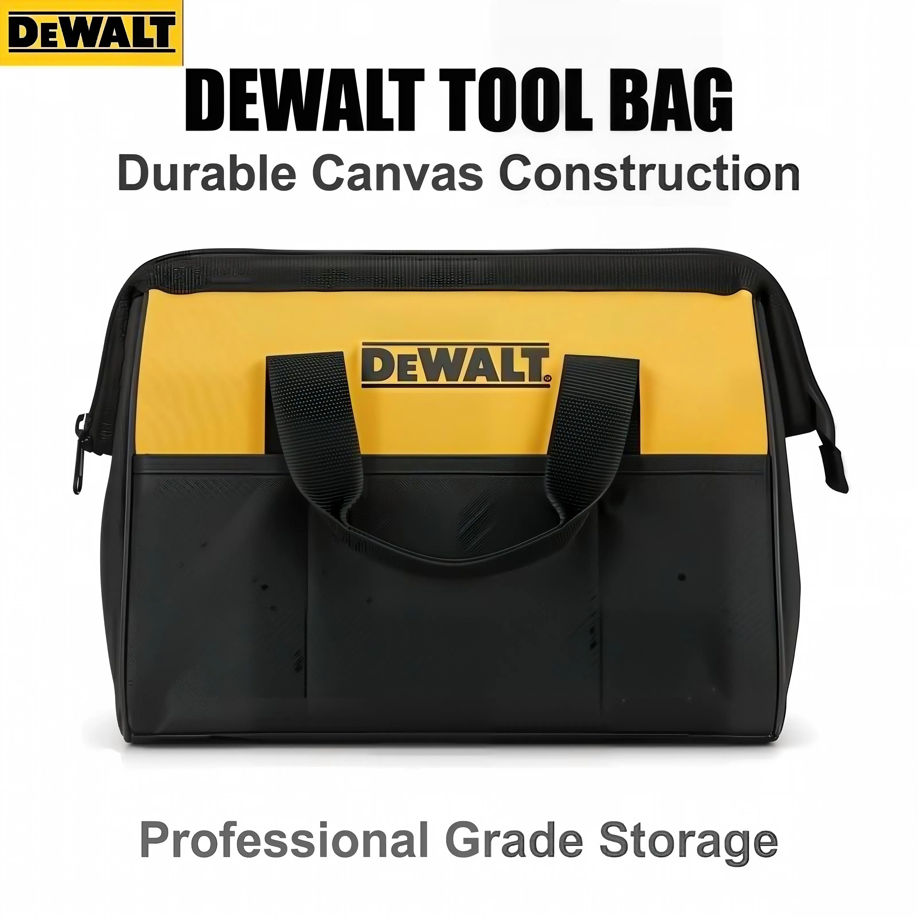 DEWALT DW Heavy-Duty Canvas Tool Tote Bag for Electricians - Multiple Pockets, Padded Shoulder Strap, Wear-Resistant Bottom, Compact Foldable Design, Hard Construction Accessories Organizer with Mechanics Compatibility