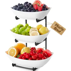 Plastic Fruit Bowl Basket for Kitchen Countertop, 3 Tier Fruit Holder with Black Metal Stand, Serving Tray for , Vegetable, Cake, Dessert in Party