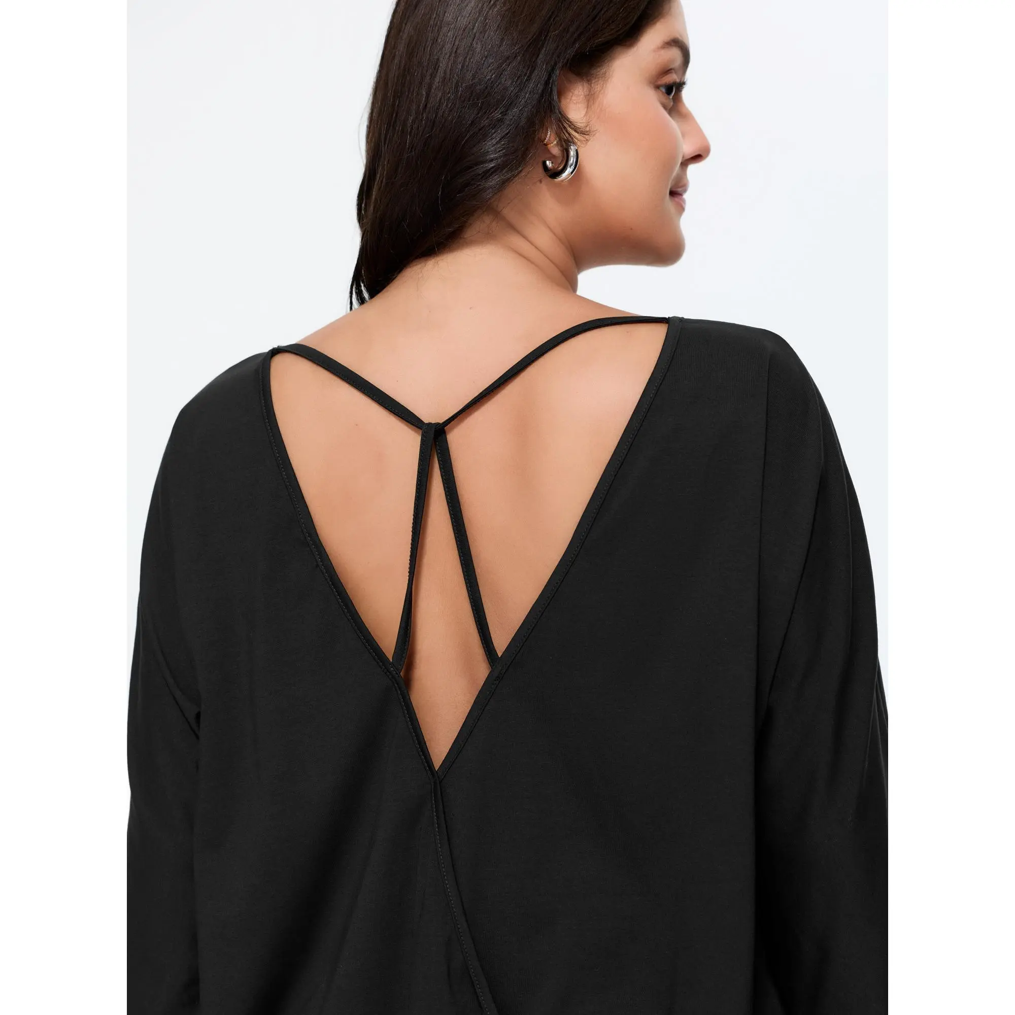 BloomChic Plus Size Casual Solid Cotton T-Shirt with Loose-Fitting 3/4 Dolman Sleeves, Wrap Front, and Back Cut-Out Detail, 3/4 Sleeve, Machine Washable, Low Iron, Color-Sorted Wash, Simple Look, Regular, Plain, Basic, Fabric, Top, Women, Regular Length