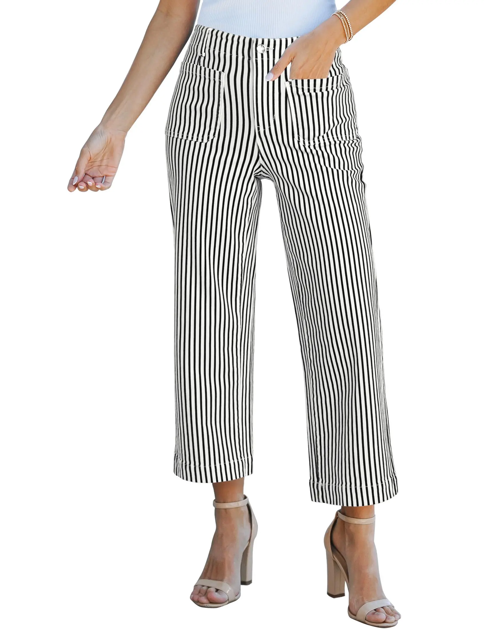 luvamia Striped Jeans for Women Trendy High Waisted Cropped Wide Leg Pants Stretchy Denim Patch Pocket Pinstripe Pants,back to school shopping