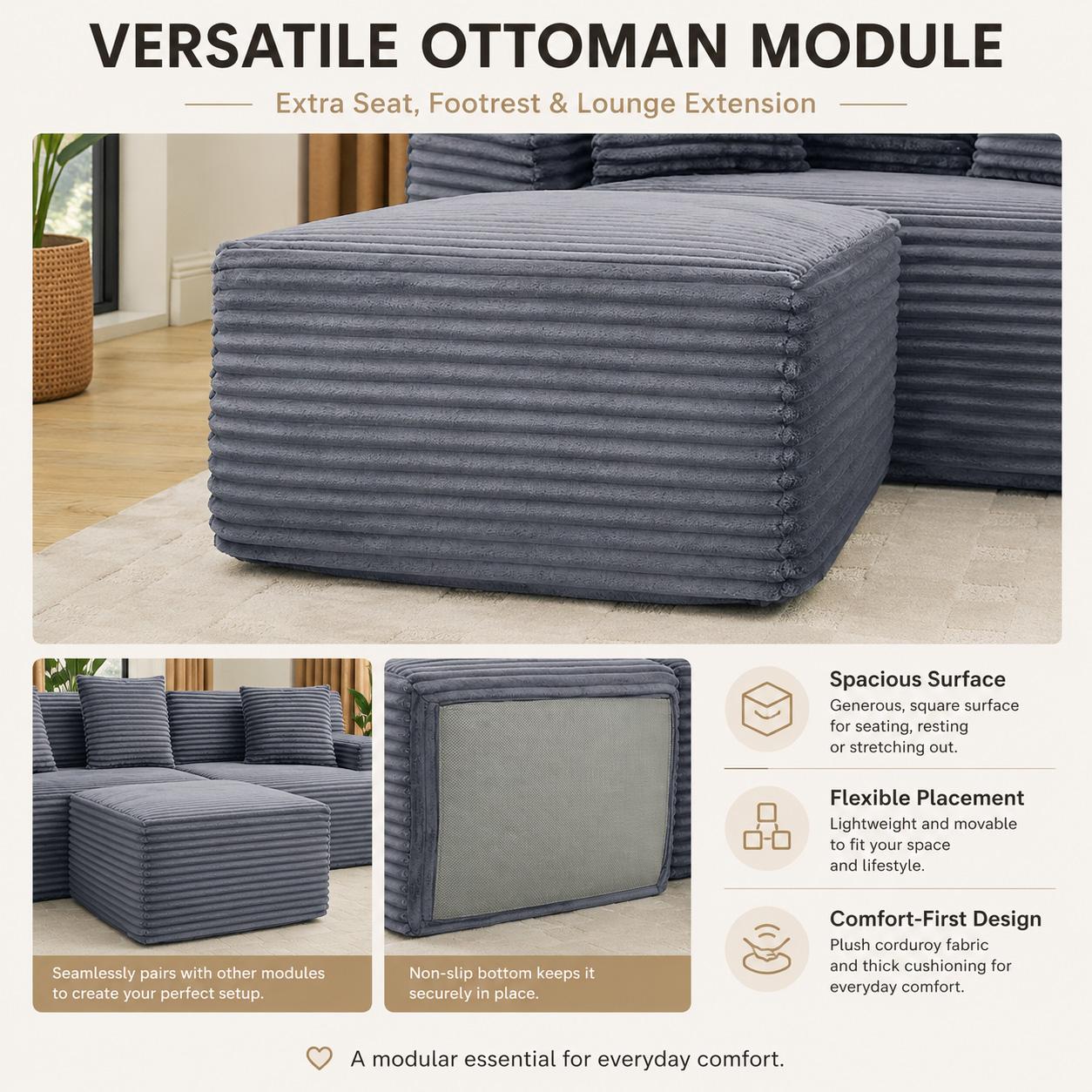 127-Inch Curved Corduroy Modular Cloud Sectional Boneless Couch (Compressed), 3-Package Shipping, No Assembly, Black Living Room Multiple-Seat Sofa with Cup Holders, USB Ports & 2 Free Ottomans, Boneless Couches, Sectional Couch