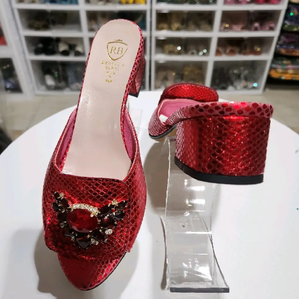Women's Italian Low Heels Slippers Red Sparkle Sequins Comfortable Footwear for Women