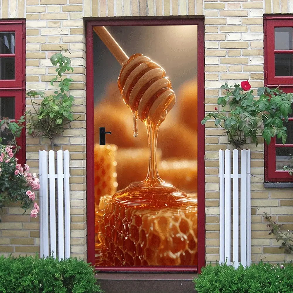 2pcs Honey Theme Wall Stickers Creative Honeycomb and Honey Dipper Design Self Adhesive Removable Decorative Stickers for Kids Room Bedroom Kitchen Living Room Background Wall Decoration Eco Friendly PV