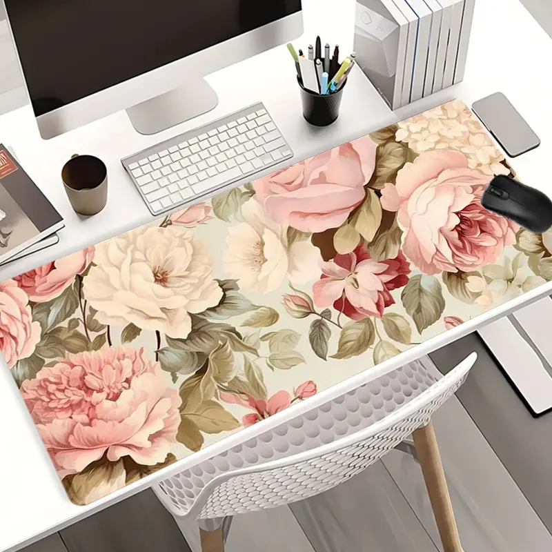 Extra Large Vintage Floral Pink Roses Mouse Pad Botanical Garden Gaming Desk Pad 35x16 Inch Computer Keyboard Mousepad with Non-Slip Rubber Base Durable Stitched Edge Gift for Home and Office, Gaming Desk Accessory, Aesthetic Desk Accessories