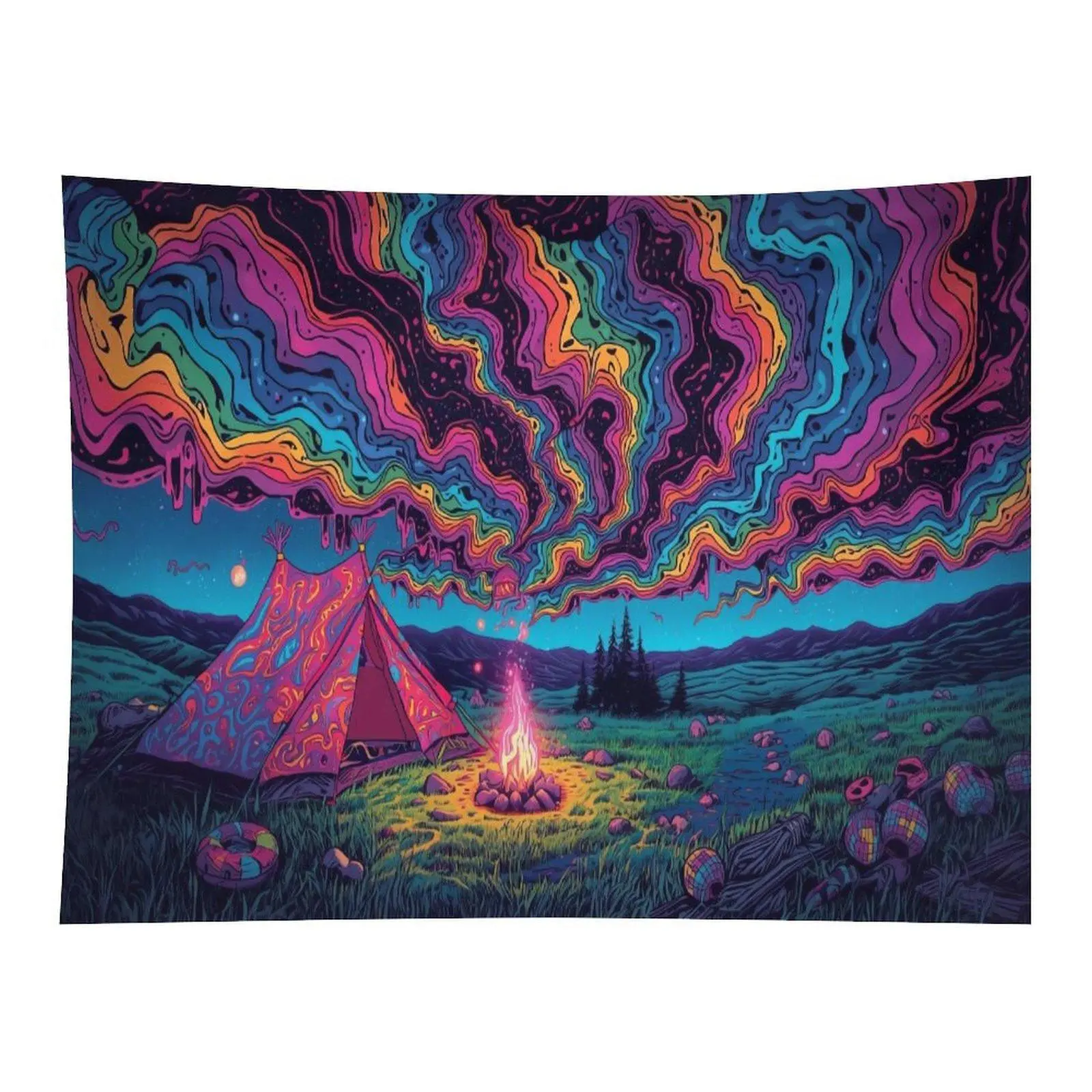 Rainbow Swirl Trippy Sky Camping Tent Bonfire Mountain Landscape Wall Tapestry Wall Hanging, Psychedelic Hippie Nature Starry Night Art Decor for Bedroom Dorm Hippie Room Party Backdrop