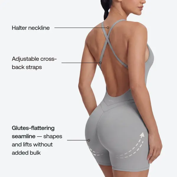 BetterMe Women's Ash Grey Halter Neck Crossback Athletic Bodysuit with Shorts - Built-In Removable Pad Bra, Adjustable Straps, Soft Sweat-Wicking Stretch Fabric, Form-Fitting Skinny Sports Casual Gym Exercise Activewear Jumpsuit for Gym, Dance