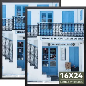 16x24 Poster Frames, Black Piture Frames for 14x20 with Mat or 16x24 without, Vertical and Horizontal Wall Mount Frame for Photos, Posters and Art Prints, 2 Pack Decor Black*12 Decoration