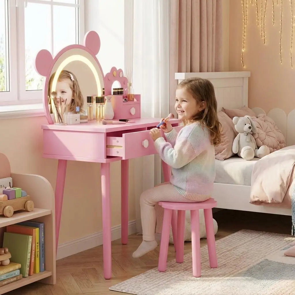 Kids' Wooden Bear-Shaped LED Vanity Table and Flower Stool Set - Princess Theme Makeup Desk, Storage Drawers, Safe Pretend Play, Birthday Gift for Little Girls' Bedroom, Playroom Furniture