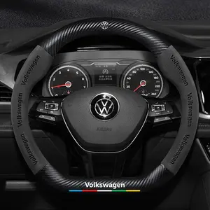 3D Logo Carbon Fiber Leather Steering Wheel Cover for Vw Gti Polo Golf Passat Tiguan Arteon Touareg Taigo Caddy Gtd, Stylish Auto Accessory