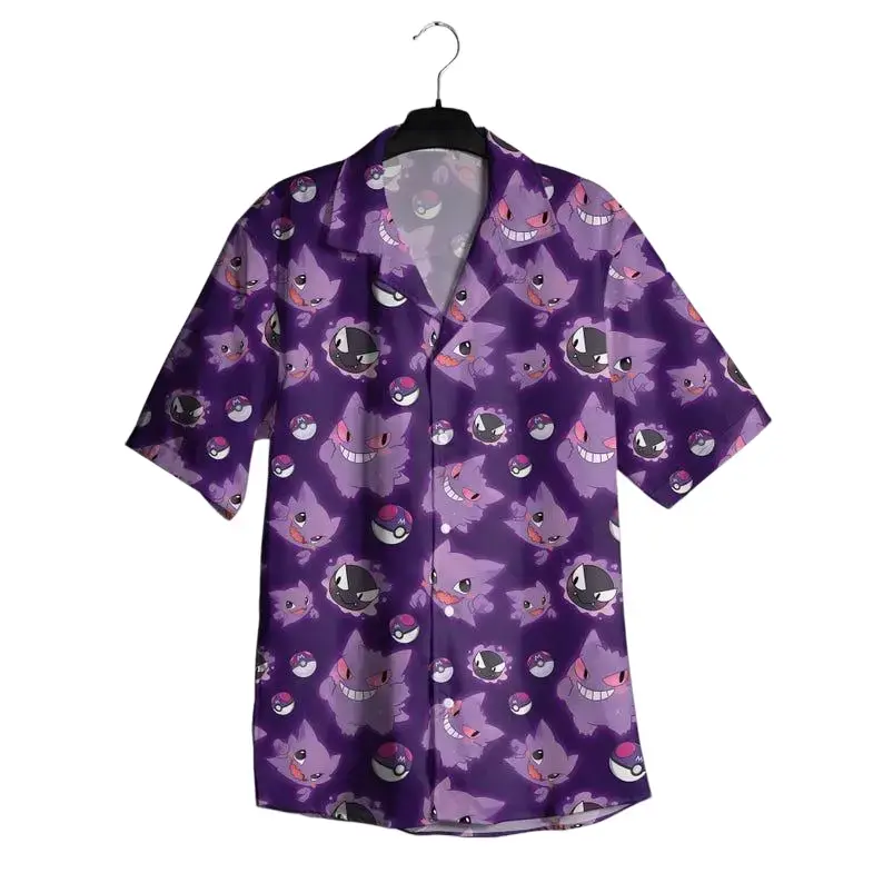 Purple Shadow Ghost PKM Hawaiian Shirt - Spooky Monsters Anime Aloha Shirt for Family Summer Vacation - Cute Video Game Button Up Shirt - Custom Graphic Casual Beachwear Unisex Festival Outfits - Cool Birthday Gift for Gamer All Ages