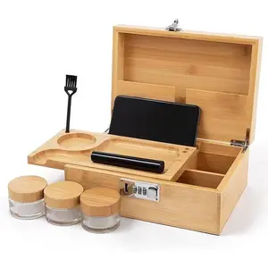 Premium Solid Wood Storage Box with Flip-Top Combination Lock 3 Bamboo Lidded Jars Brush Tube Phone Stand Cosmetic Organizer Gold Accents Perfect Gift