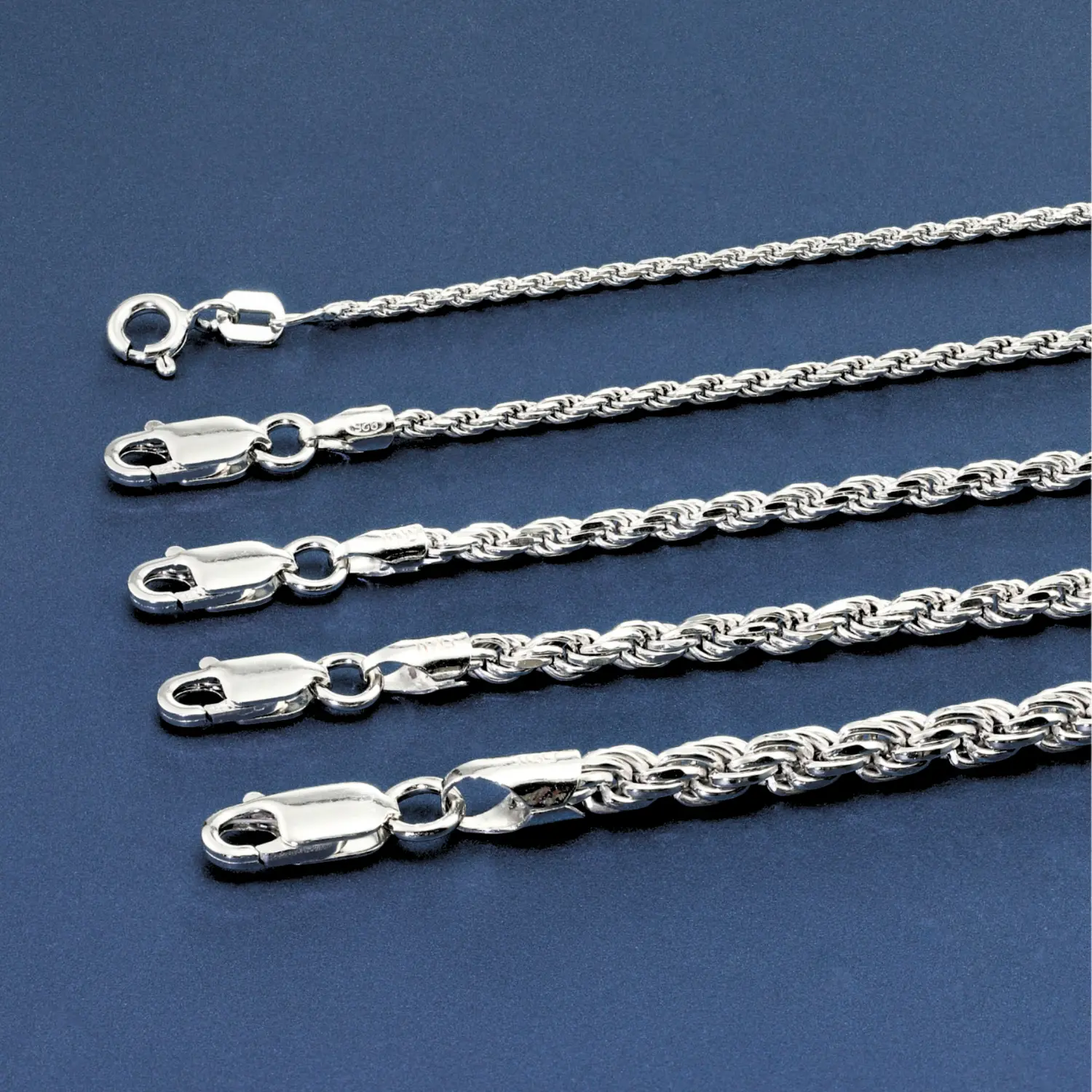 Sterling Silver Italian Rope Chains, Solid 925 Pure Silver with Strong Lobster Lock, Made in Italy