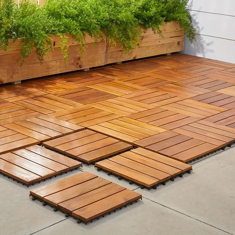 12x12 in Solid Acacia Wood Interlocking Checker Pattern Patio Deck Tiles - 27/10 Packs, Waterproof Outdoor Flooring for Balcony & Poolside, All-Weather Home Improvement Building Supplies