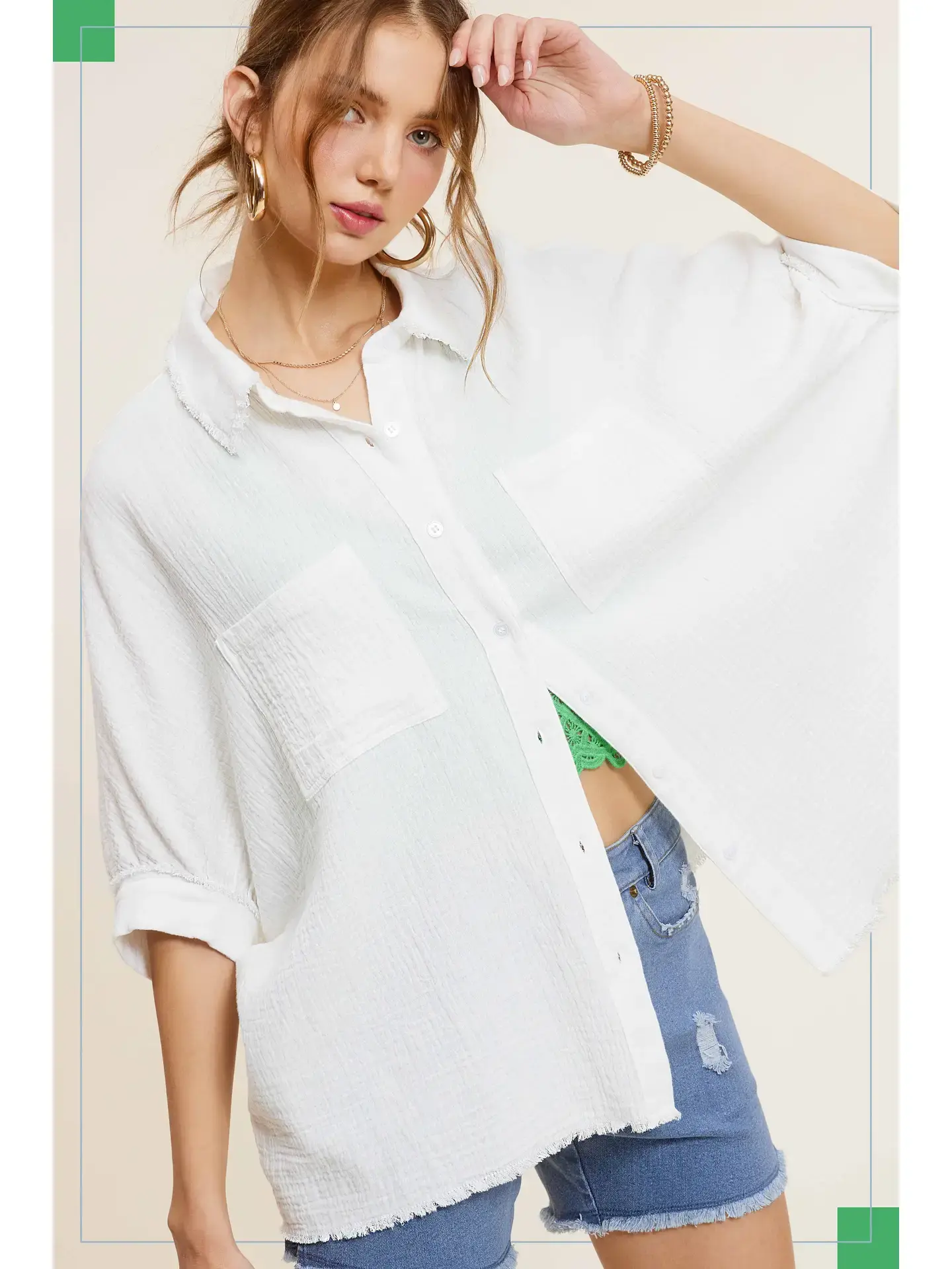 Women's Soft Collared Crinkle Gauze Button-Front Blouse - Basic, Modest Fashion Top for Layering Outfits, Going Out, Office OOTD, Flattering Fit