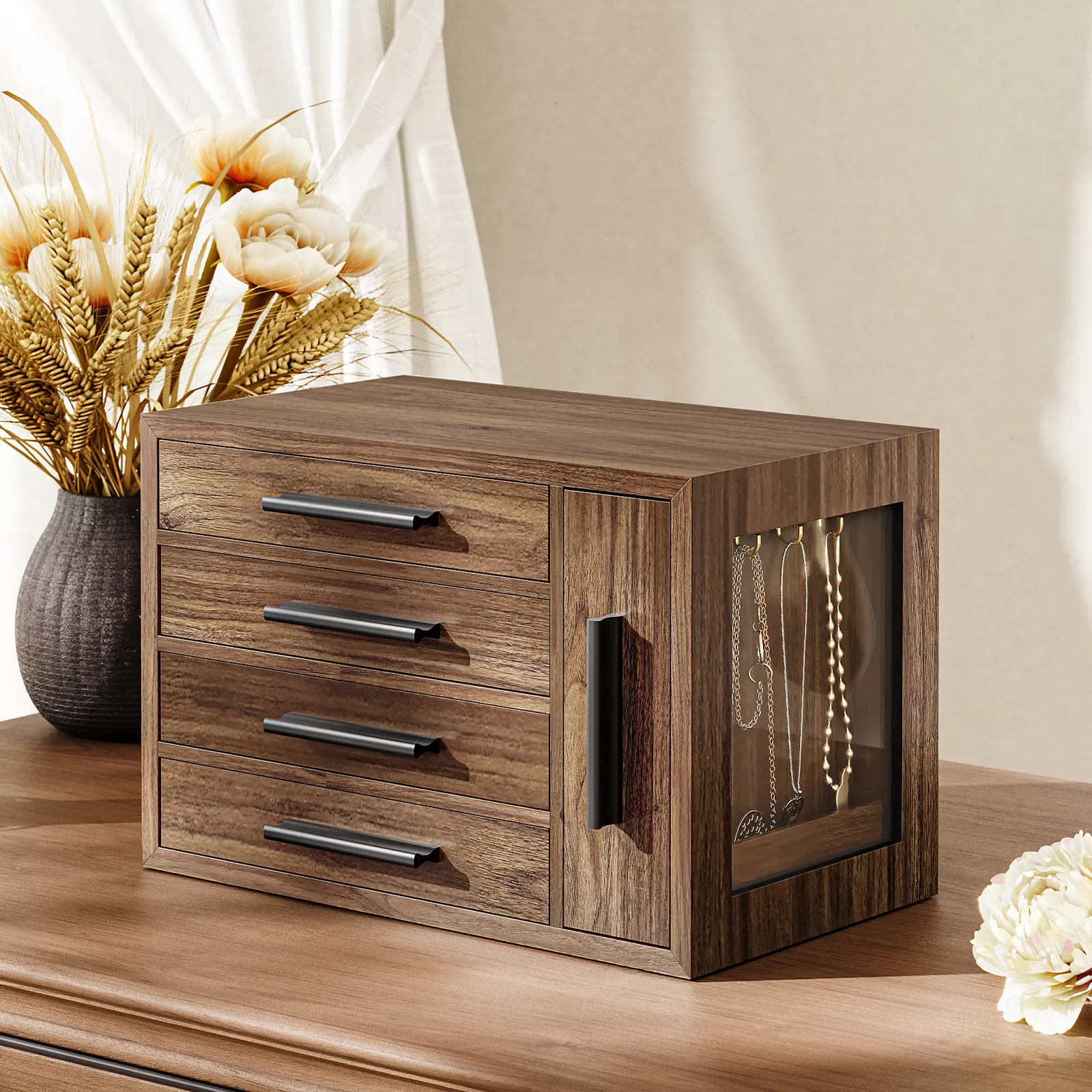 HOOBRO Jewelry Box, Wooden Jewelry Organizer with Transparent Window, 4-Layer Jewelry Organizer Box, Jewelry Holder Organizer for Earrings, Necklaces, Rings, #dealforyou #SummerVibes