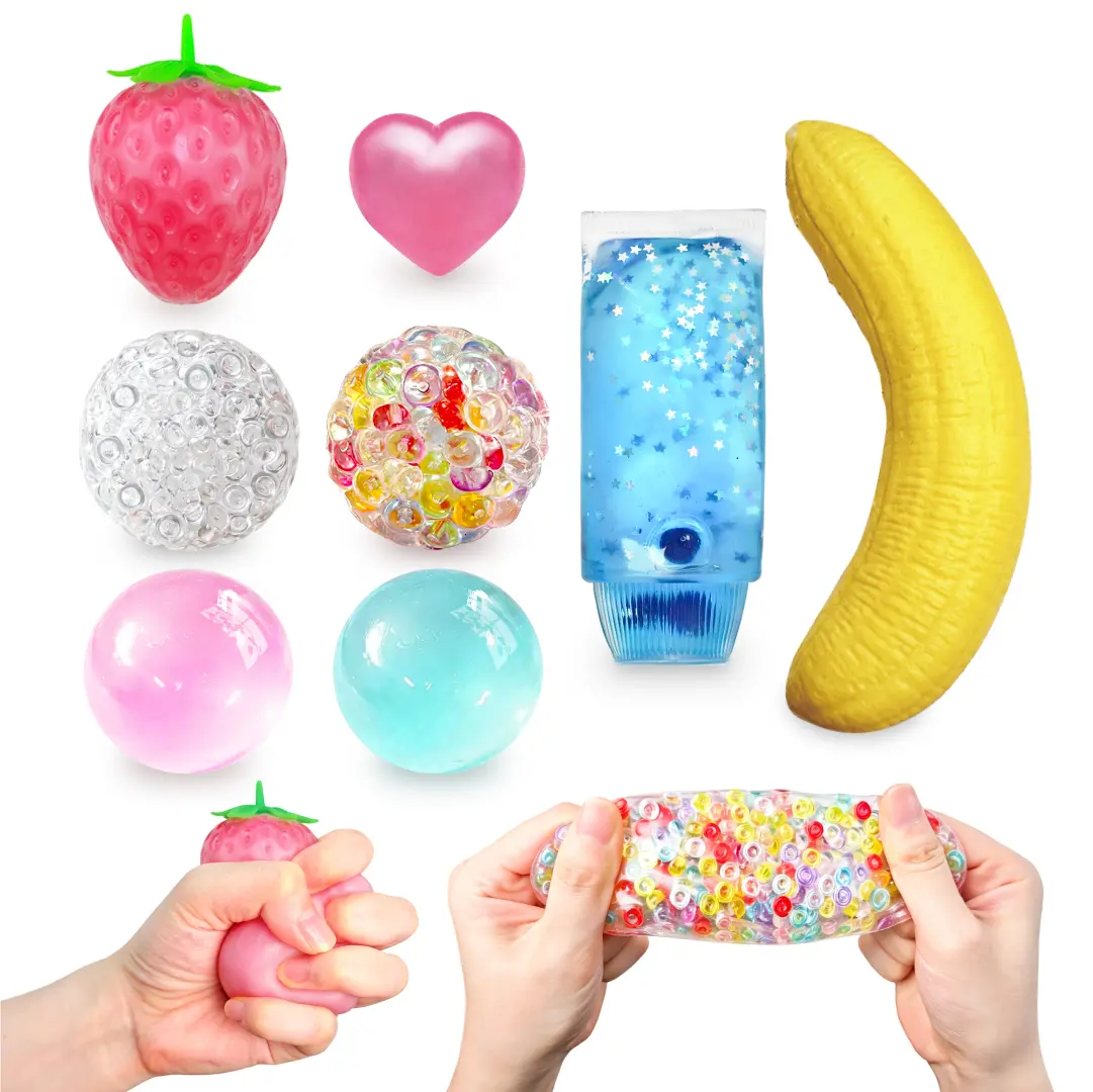 DLMdilemu 8PCS Sensory Squishy Fidget Toys Set, Color-Changing Heart & Strawberry, Crunchy Bead Squishies, Stretchy Squeeze Toys, Kids Stress Relief Sensory Toys Giftsensory play bundle
