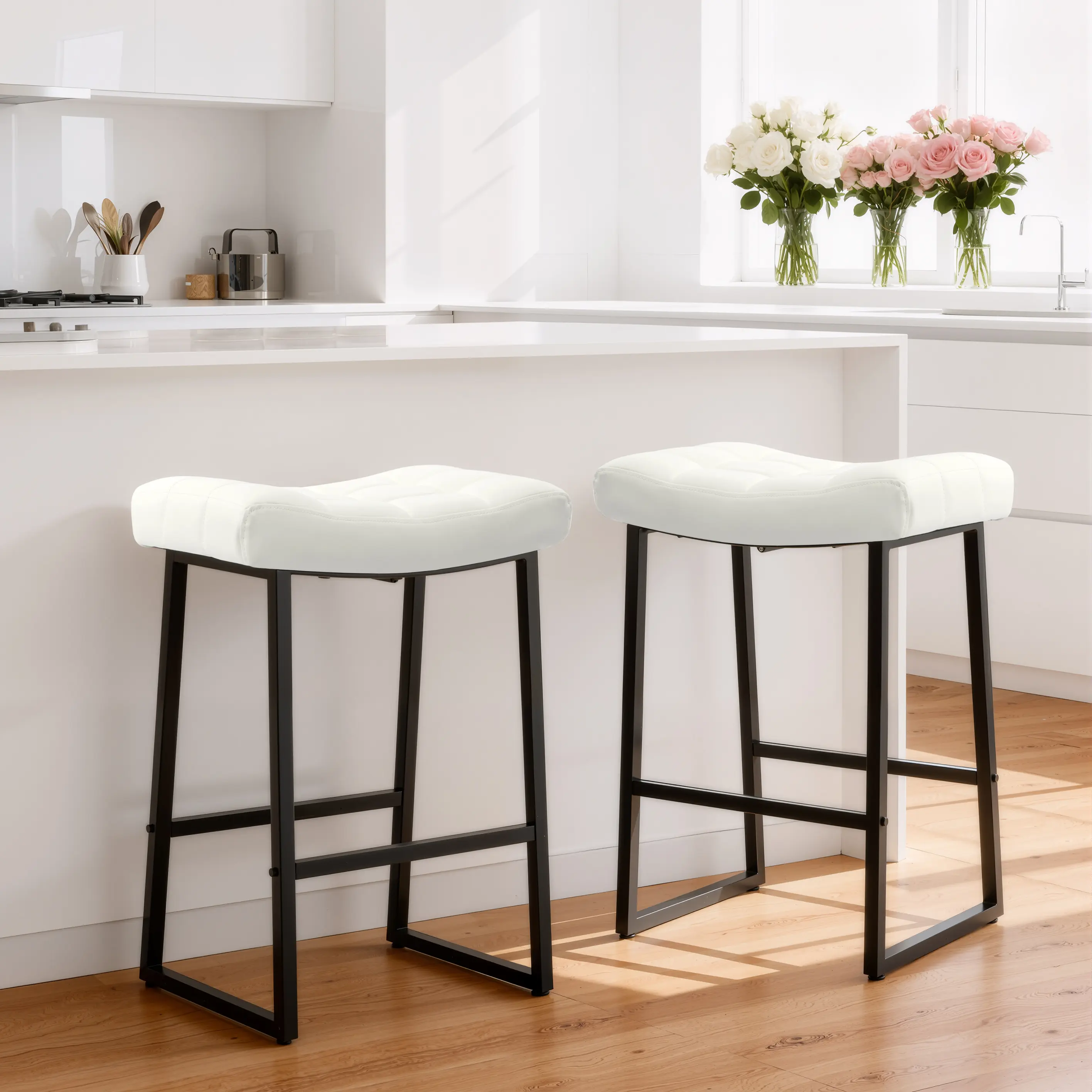 FREKEN Counter Barstools, 1/2/3/4-Piece Black & White 24in Modern Backless Kitchen Island Stools with Upholstered Faux Leather Seat & Industrial Metal Frame