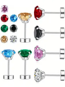Multicolor Zirconia Stud Earrings, 3mm/4mm/5mm Sizes, 3-Pair Set, Hypoallergenic, Lightweight, Unisex Stainless Steel, Fashionable, Ear Studs