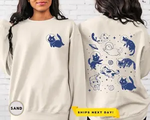 [Sale Up To 50%] Cats in Space Sweatshirt,Funny Cat Sweater,Retro Kitten Trendy,Cat Lover Gift,Unisex Graphic,Aesthetic Graphic Retro Vintage, streetwear graphic tee
