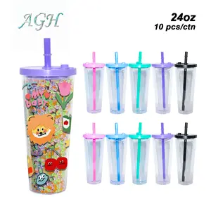 AGH US 24OZ Plastic Leak-proof Snow Globe Double wall acrylic tumbler cups with Clear lids and bubble tea straws 10pcs/carton