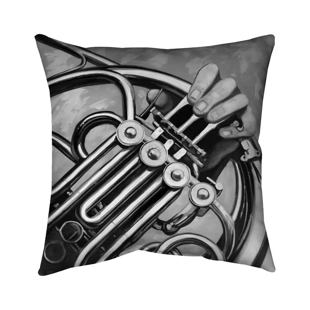 360 Stand 18x18 in. French Horn Monochrome-Black Outdoor Pillow - UV-Protected, Artistic Polyester Print, Durable, Soft, Weather Resistant Cushion for Indoor/Outdoor Patio Use, Durable Cushions, Soft Cushions