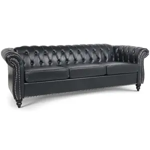 GiratreeFurniture 84" Leather Chesterfield Sofas for Living Room, Rolled Arm 3-Seater Large Couch Deep Button Nailhead Tufted Upholstered Couches for Bedroom, Office Apartment Easy to Assemble (Black)