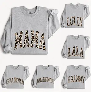 Custom Leopard Mama Sweatshirt, Personalized Mother's Day Gift, Black Crewneck for Mom Nana Gigi Mimi Granny Auntie, Retro Varsity Letter Pullover, Trendy Cheetah Print Gift for New Mom