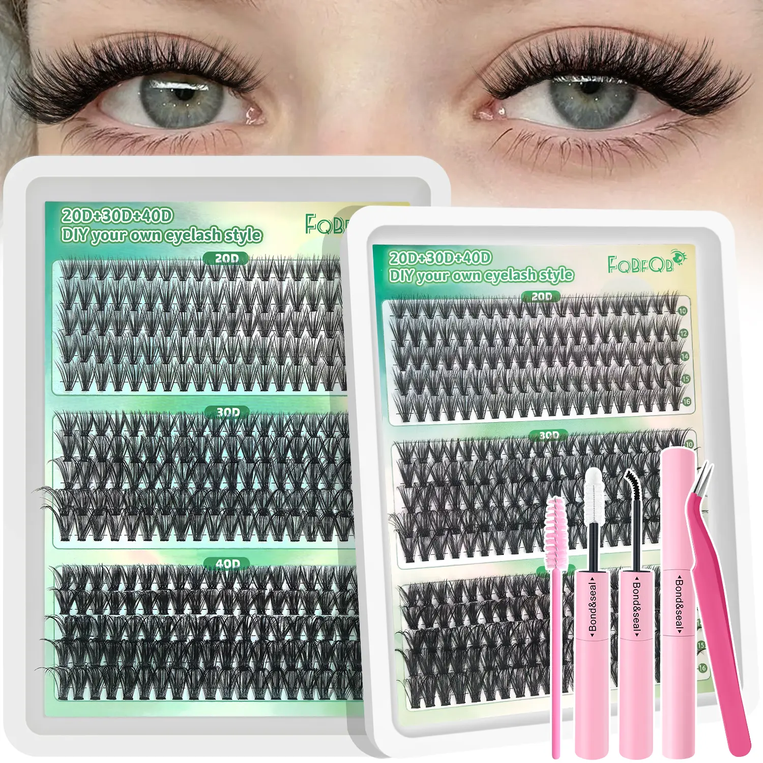 300PCS C/D Curl Cluster Lashes Kit - 10-16mm 20D+30D+40D Individual Eyelash Extensions Set with Glue & Tweezers, Mixed Cat/Doll Eye Reusable DIY for Daily Natural Look