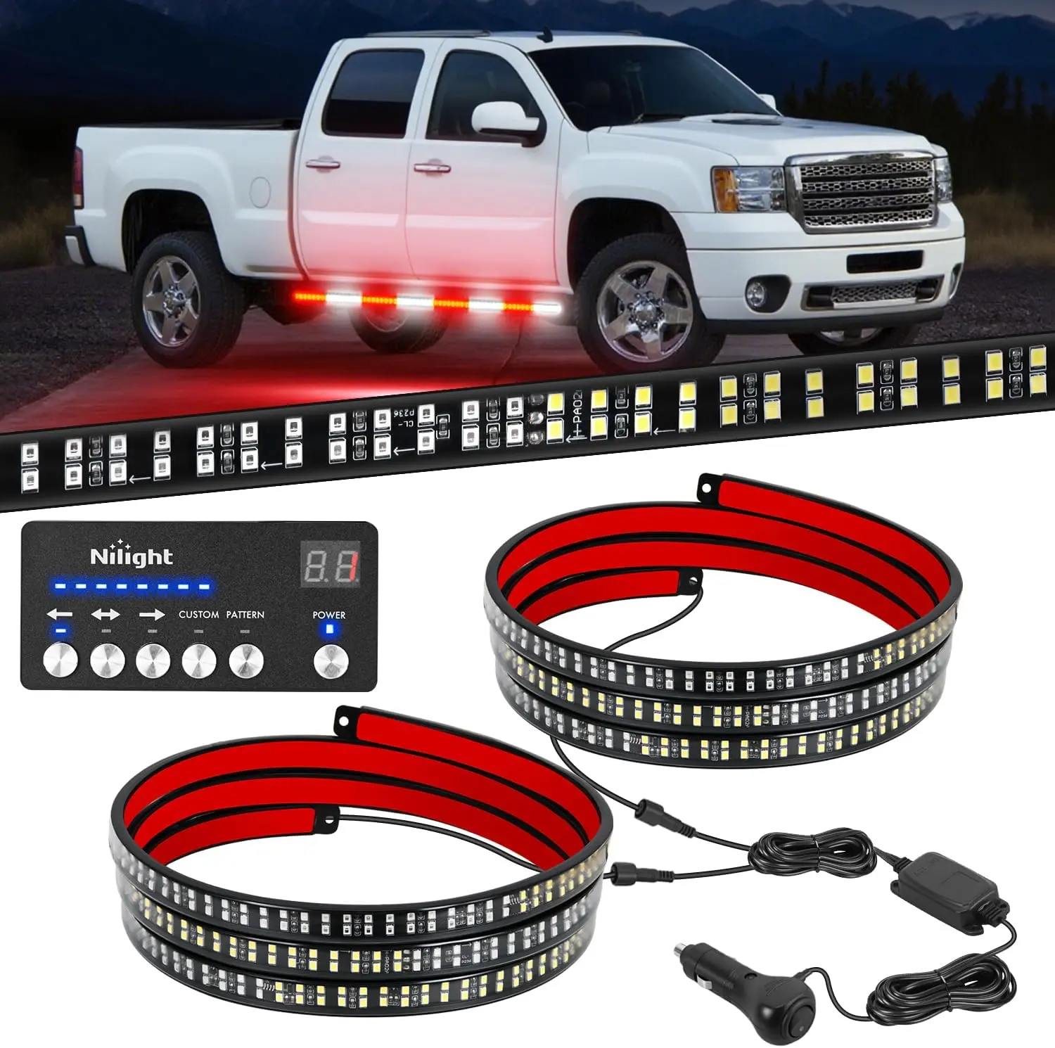 Nilight 2PCS Strobe LED Strip Light Kit, 70in/2m Flexible Strip, 864 Red-White LEDs, IP67 Waterproof PVC Automotive Car Light, 38 Strobe Patterns, Peel-Stick Adhesive Mount, Cable Ties, Mounting Hardware for Trucks