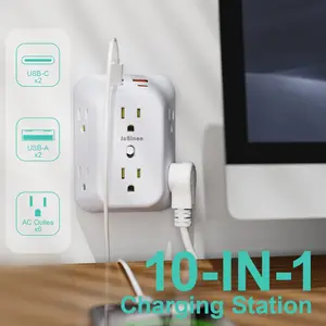 Outlet Extender Surge Protector with 6 Outlets & 4 USB Ports（2 USB-C）, 1845W,Multiple Plug Expander Wall Charger, 3 Sided Multi Plug Wall Adapter Power Strip Multifunctional Power Strip for Home Office Kitchen Travel