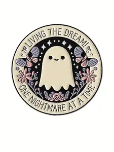 1pc Butterfly Ghost Shaped Brooch, Flower Brooch, Cartoon Circular Letters, With The Words "Living The Dream, One Nightmare At A Time", Can Be Paired With Clothing, Bags, Halloween And Other Holidays, As Well As School Season Accessories, Gift